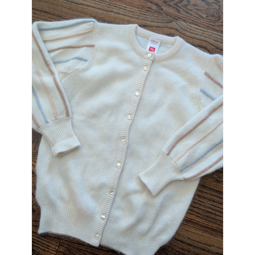 St. Michael Womens Wool Angora Blend Cream Button Cardigan Striped Sleeves UK 10